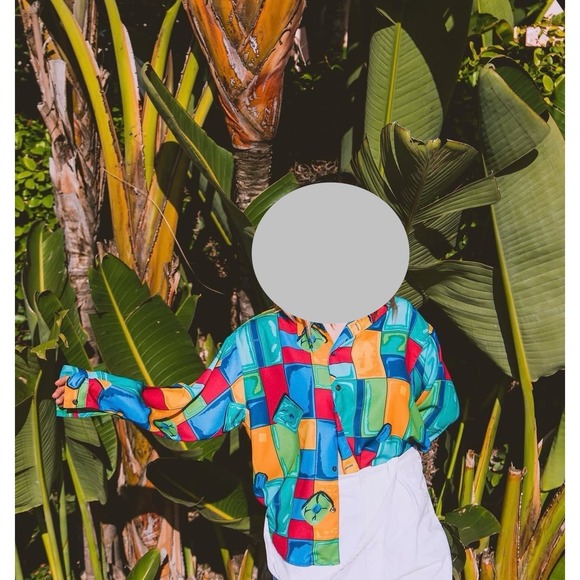 Colorful Patchwork‎ Print Long Sleeve Button Down Shirt Abstract Art - Picture 3 of 4